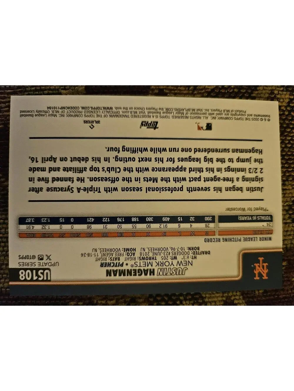 2025 Topps Update - Justin Hagenman - RC #US108 - Mets - RAW Mint - Rookie